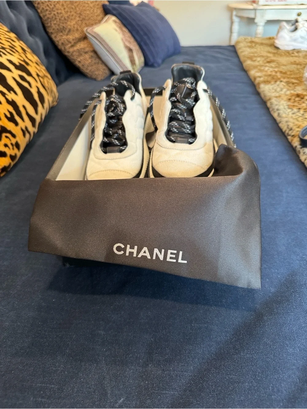 CHANEL Cream and Black Mesh & Suede Athletic Sneakers